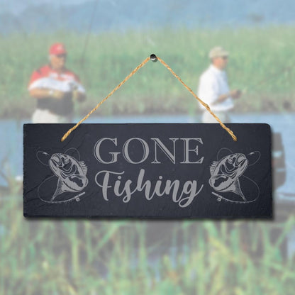 Gone Fishing Sea Laser Engraved Hanging Slate Fishing Fish Reel Ocean Plaque Sign