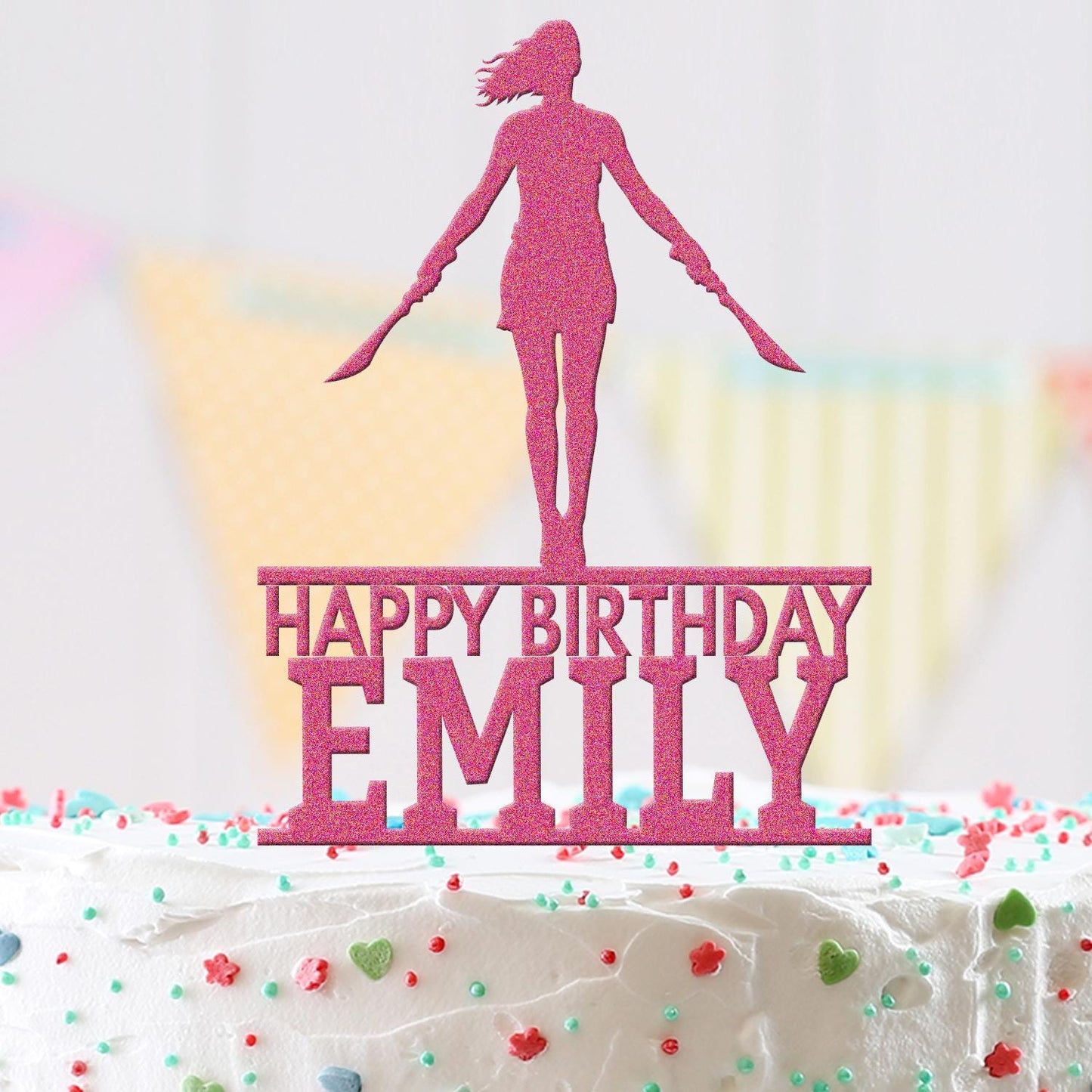 Personalised Acrylic Warrior Double Swords Girls Birthday Cake Topper Decoration