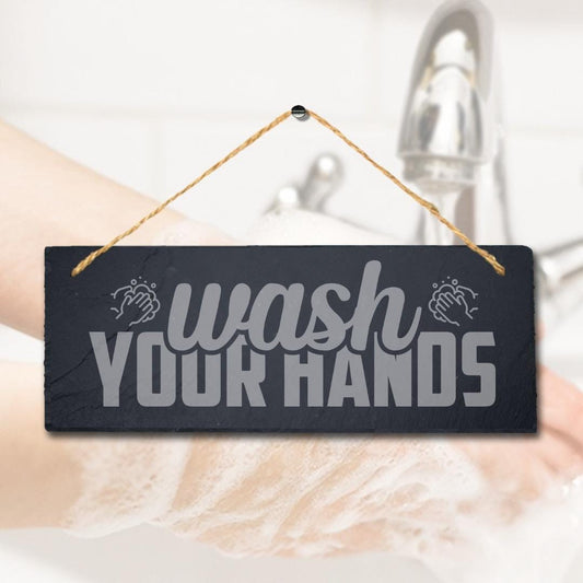 Wash Your Hands Hanging Slate Sign Engraved Plaque Funny Washroom Toilet Wc Gift