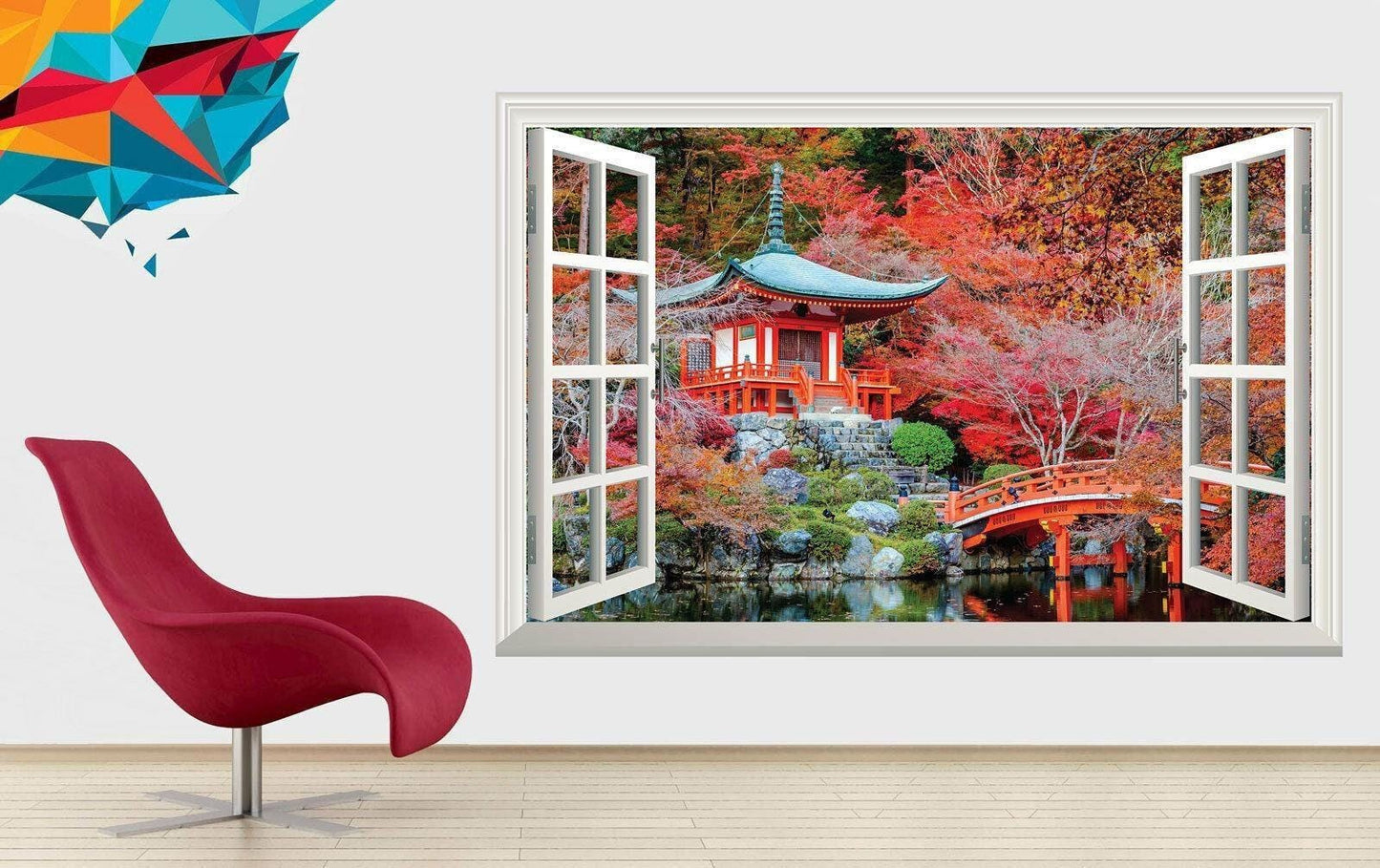 Japanese Temple 3D Window View Wall Decal: Scenic Nature Mural