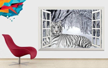 White Tiger 3D Window View Wall Sticker: Winter Forest Mural