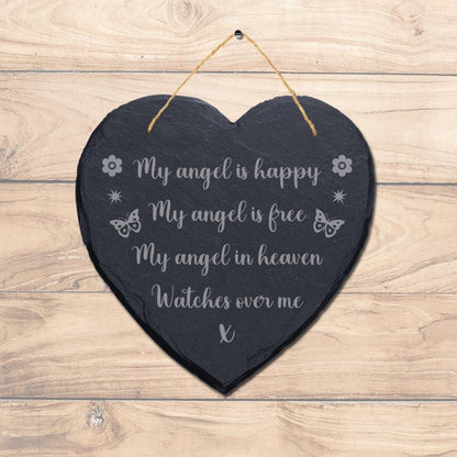 My Angel Is Happy In Heaven Engraved Wall Hanging Memorial Heart Shape Slate Sign