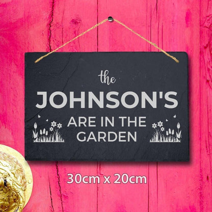 Personalised In The Garden Family Name Hanging Slate Engraved Sign Plaque