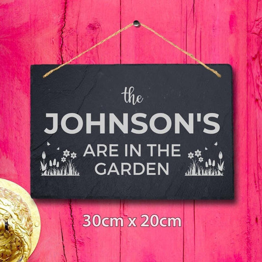 Personalised In The Garden Family Name Hanging Slate Engraved Sign Plaque