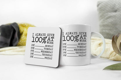 Funny 100% At Work Coffee Mug - Office Humor Gift with Coaster