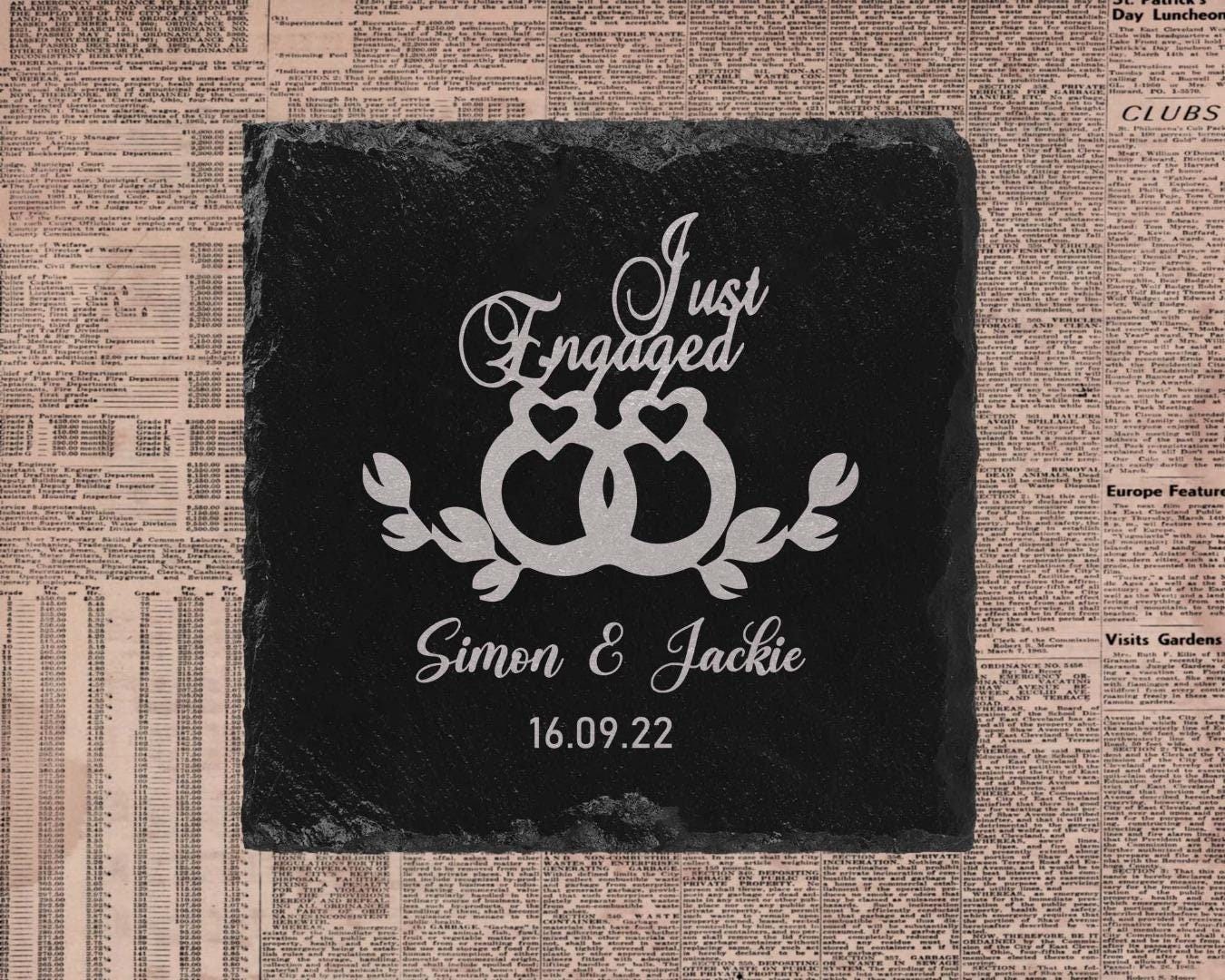 Just Engaged Engagement Slate Coasters Personalised Names Laser Engraved Gift