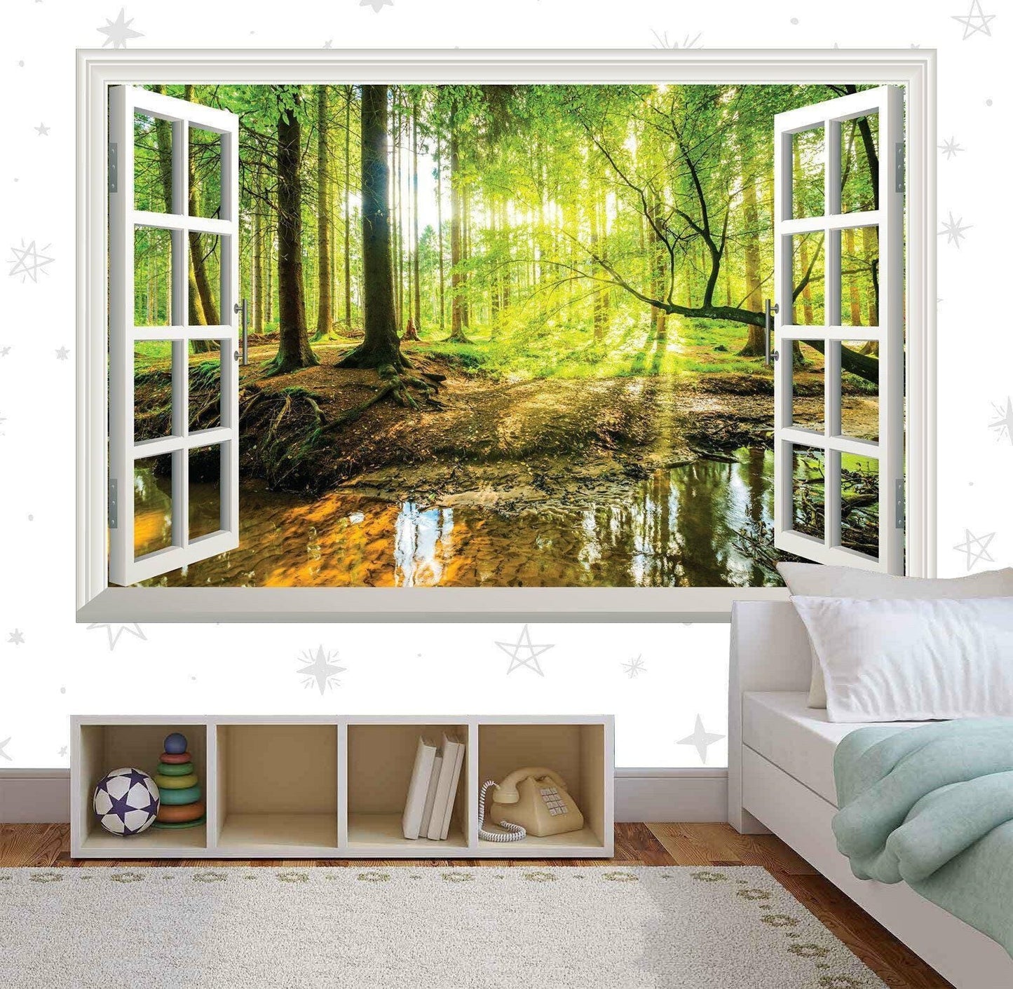 3D Forest Window View Wall Decal: Green Tree Sunset Mural
