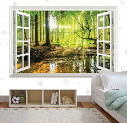 3D Forest Window View Wall Decal: Green Tree Sunset Mural