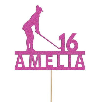 Personalised Glitter Woman Golfer Cake Topper: Any Name & Age