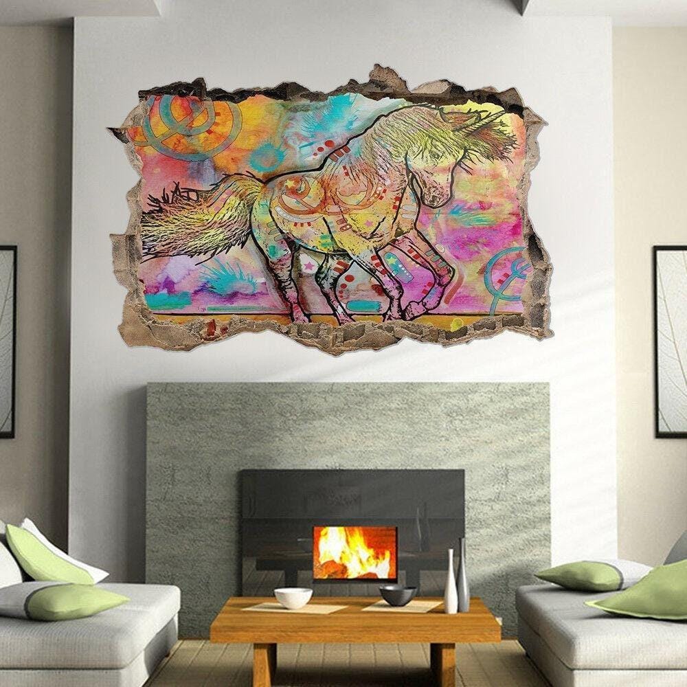 Unicorn Wall Sticker Abstract Painting Fantasy Unicorn 3D Crack View Wall Mural Sticker Girls Bedroom Decal