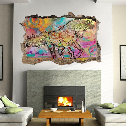 Unicorn Wall Sticker Abstract Painting Fantasy Unicorn 3D Crack View Wall Mural Sticker Girls Bedroom Decal