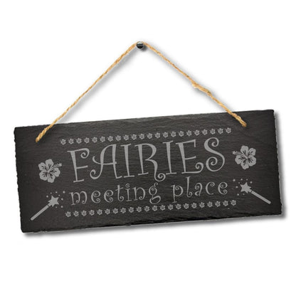 Fairies Meeting Place Engraved Hanging Slate Sign Gardening Gift Garden Outdoor