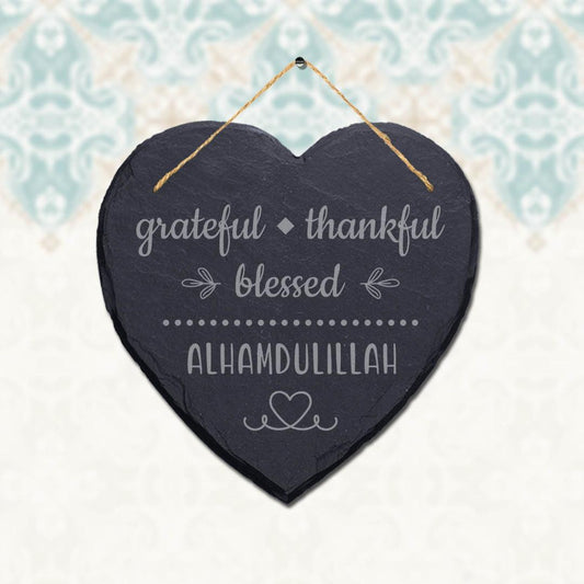 Grateful Thankful Blessed Engraved Islamic Wall Hanging Slate Heart Plaque Sign