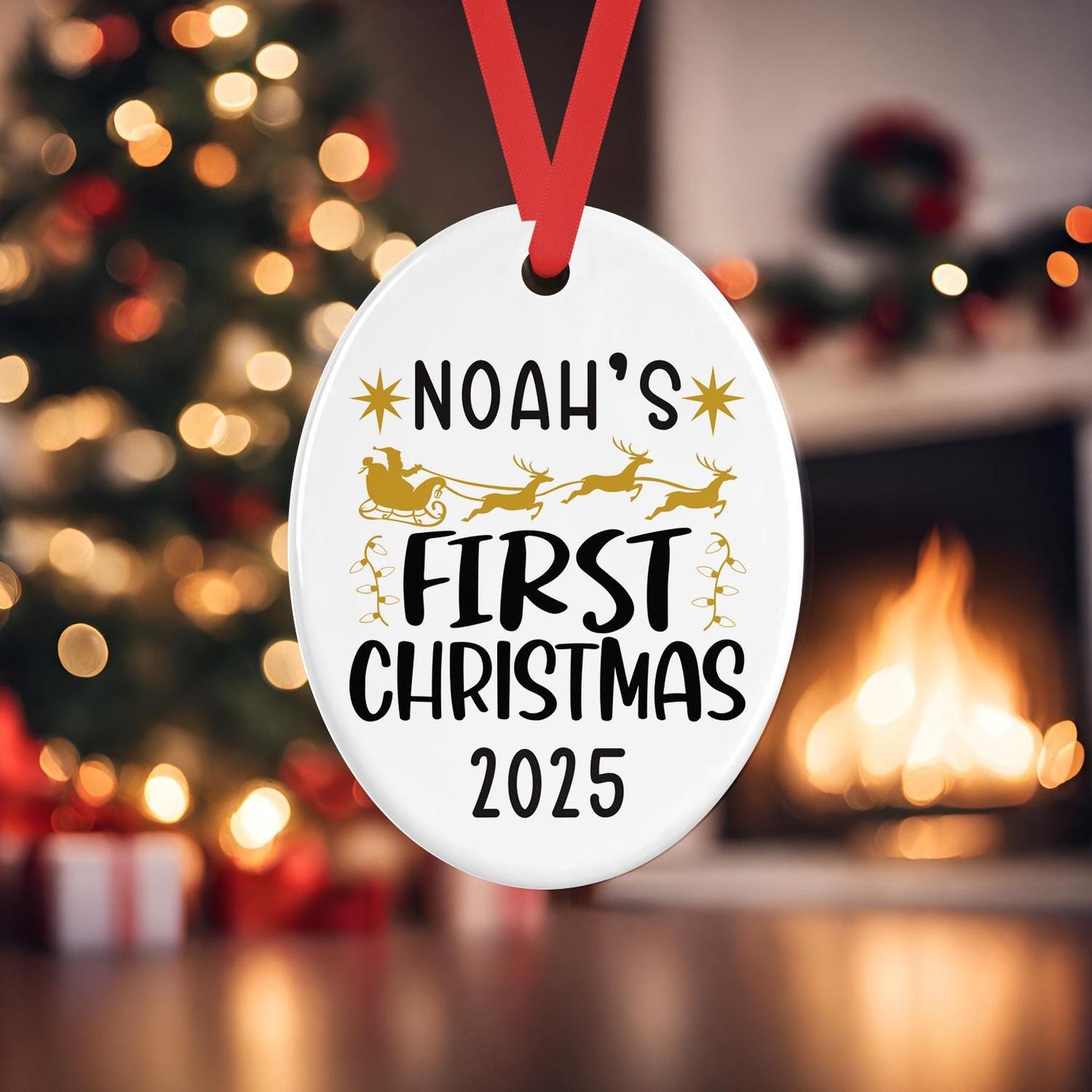 Personalised Babys First Christmas Oval Ceramic Bauble Tree Hanging Keepsake Decoration