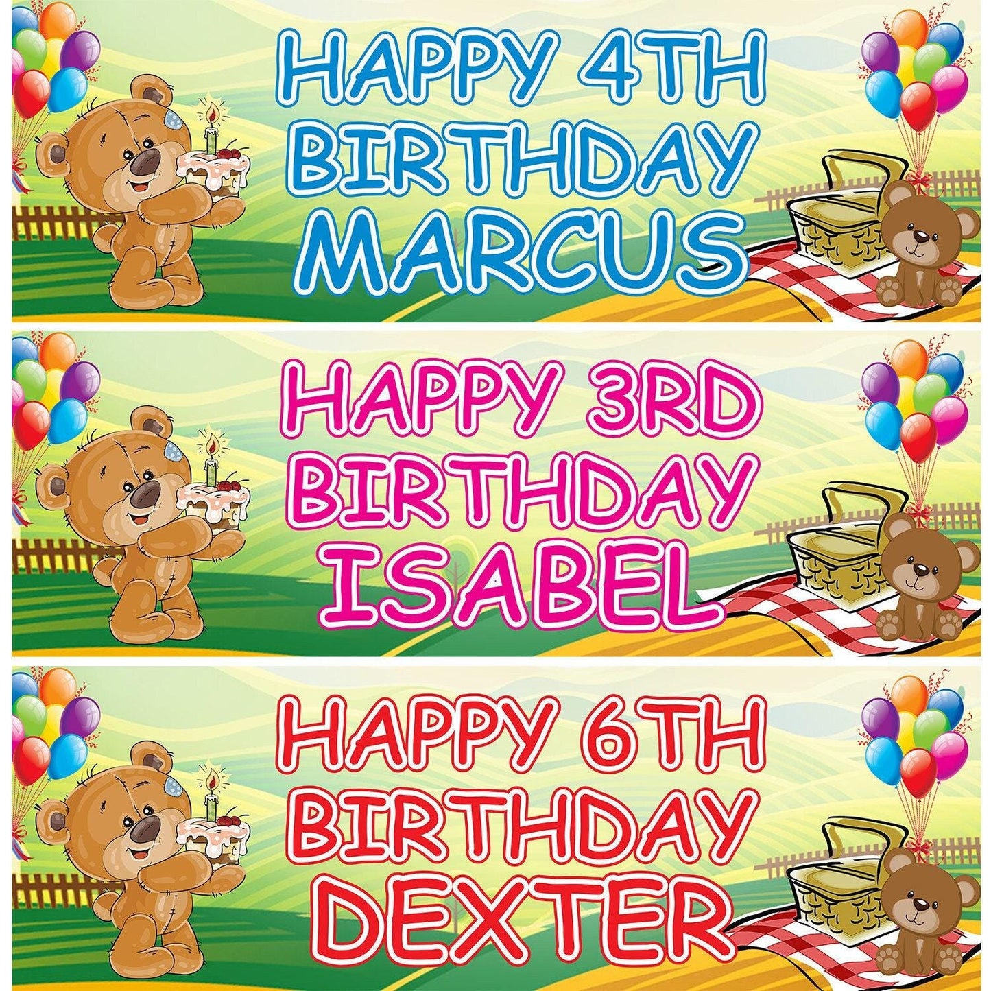 2 Personalised Teddy Bears Picnic Birthday Celebration Banners Decoration Poster