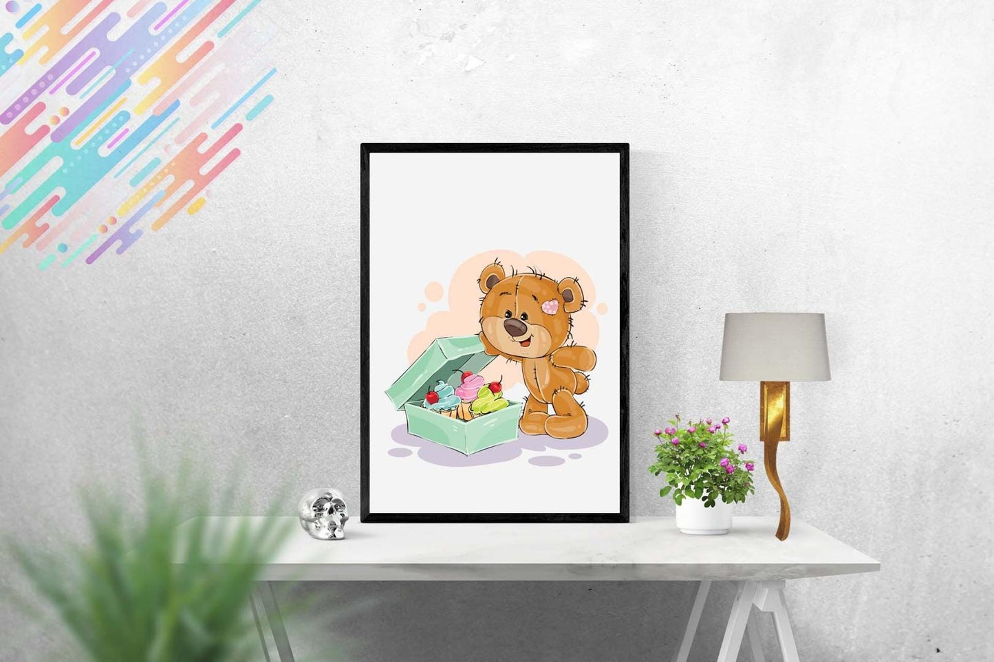 Teddy Bear Cupcakes Art Print: Scandinavian Nursery Wall Decor