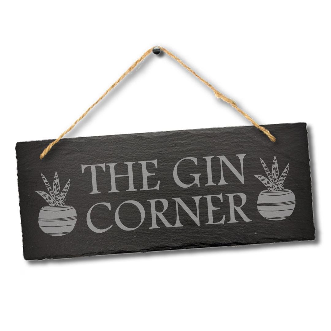 The Gin Corner Engraved Hanging Slate Plaque Sign Drinking Gift Home Bar Shed