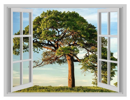 3D Tree Window Wall Sticker: Serene Nature View, Vinyl Decor