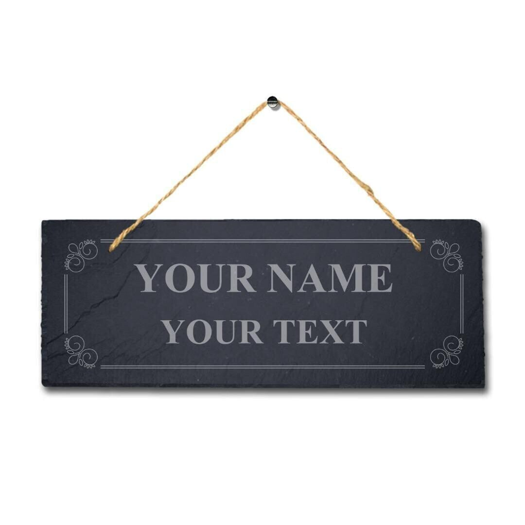 Personalised Name Text With Border Laser Engraved Hanging Slate Garden Plaque Sign