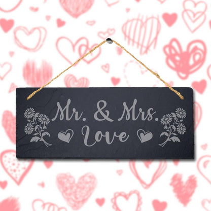 Mr & Mrs Love Laser Engraved Hanging Slate Wedding Valentine Gift Plaque Sign