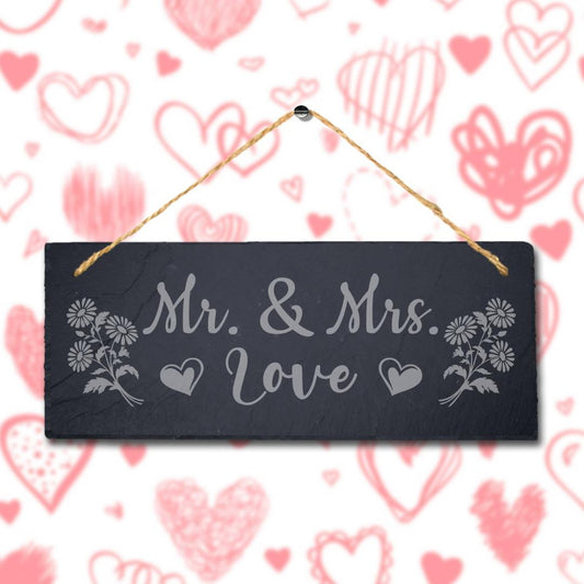 Mr & Mrs Love Laser Engraved Hanging Slate Wedding Valentine Gift Plaque Sign