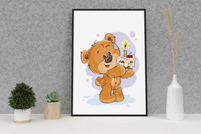 Teddy Bear Birthday Cake Poster: Scandinavian Nursery Art Print