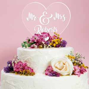 Personalised Name Wedding Cake Topper Mr & Mrs Engraved Acrylic Heart Decoration