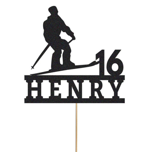Personalised Skier Cake Topper: Glitter Birthday Decoration