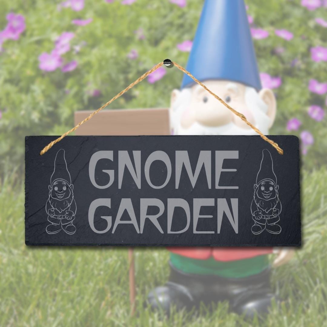 Gnome Garden Laser Engraved Hanging Slate Garden Home Decor Plaque Sign