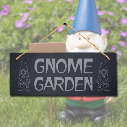 Gnome Garden Laser Engraved Hanging Slate Garden Home Decor Plaque Sign