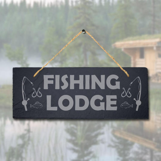 Fishing Lodge Laser Engraved Hanging Slate Fisher Man Ocean Lake Sea Plaque Sign