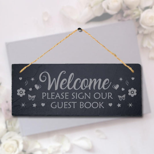 Welcome Guest Book Engraved Hanging Rustic Slate Wedding Christening Plaque Sign