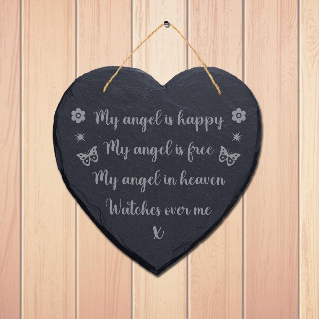 My Angel Is Happy In Heaven Engraved Wall Hanging Memorial Heart Shape Slate Sign