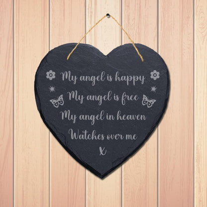 My Angel Is Happy In Heaven Engraved Wall Hanging Memorial Heart Shape Slate Sign