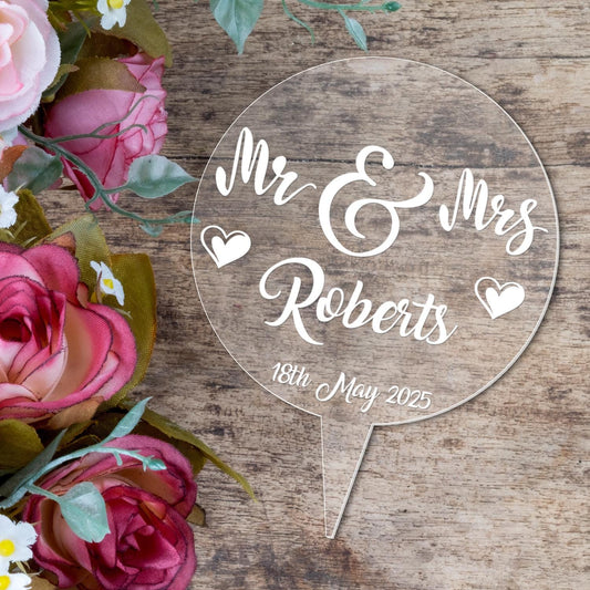 Personalised Names Wedding Cake Topper Mr & Mrs Engraved Acrylic Decoration