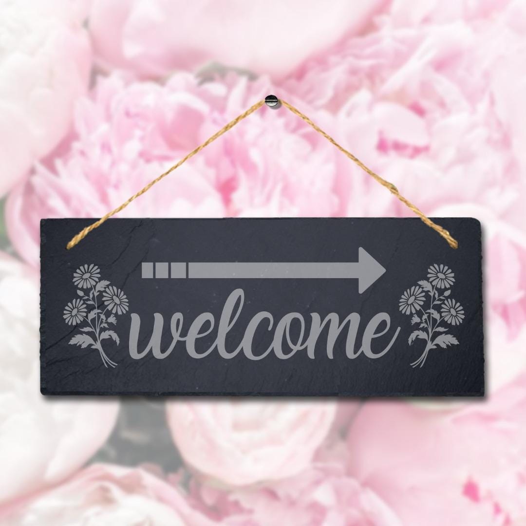 Welcome Right Way Arrow Laser Engraved Hanging Slate Wedding Venue Plaque Sign