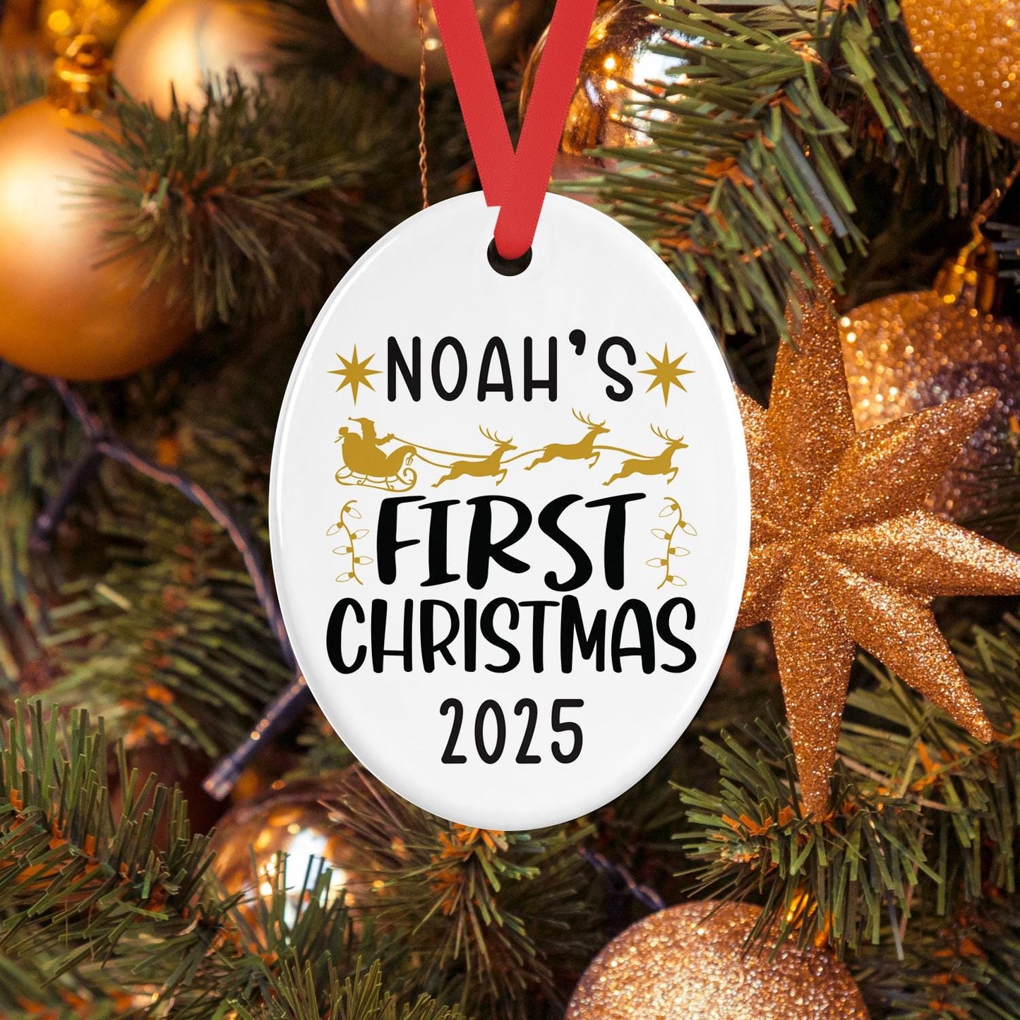 Personalised Babys First Christmas Oval Ceramic Bauble Tree Hanging Keepsake Decoration