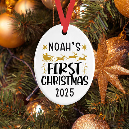 Personalised Babys First Christmas Oval Ceramic Bauble Tree Hanging Keepsake Decoration