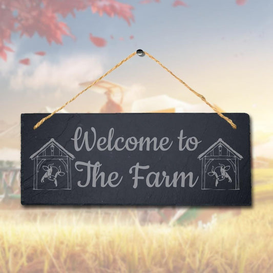 Welcome To The Farm Laser Engraved Hanging Slate Farmhouse Decor Plaque Sign