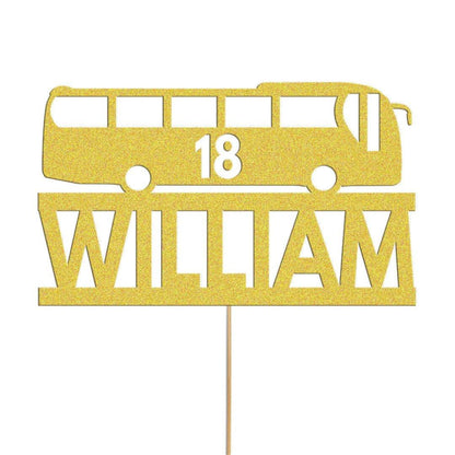 Personalised Glitter Bus Cake Topper: Custom Name & Age