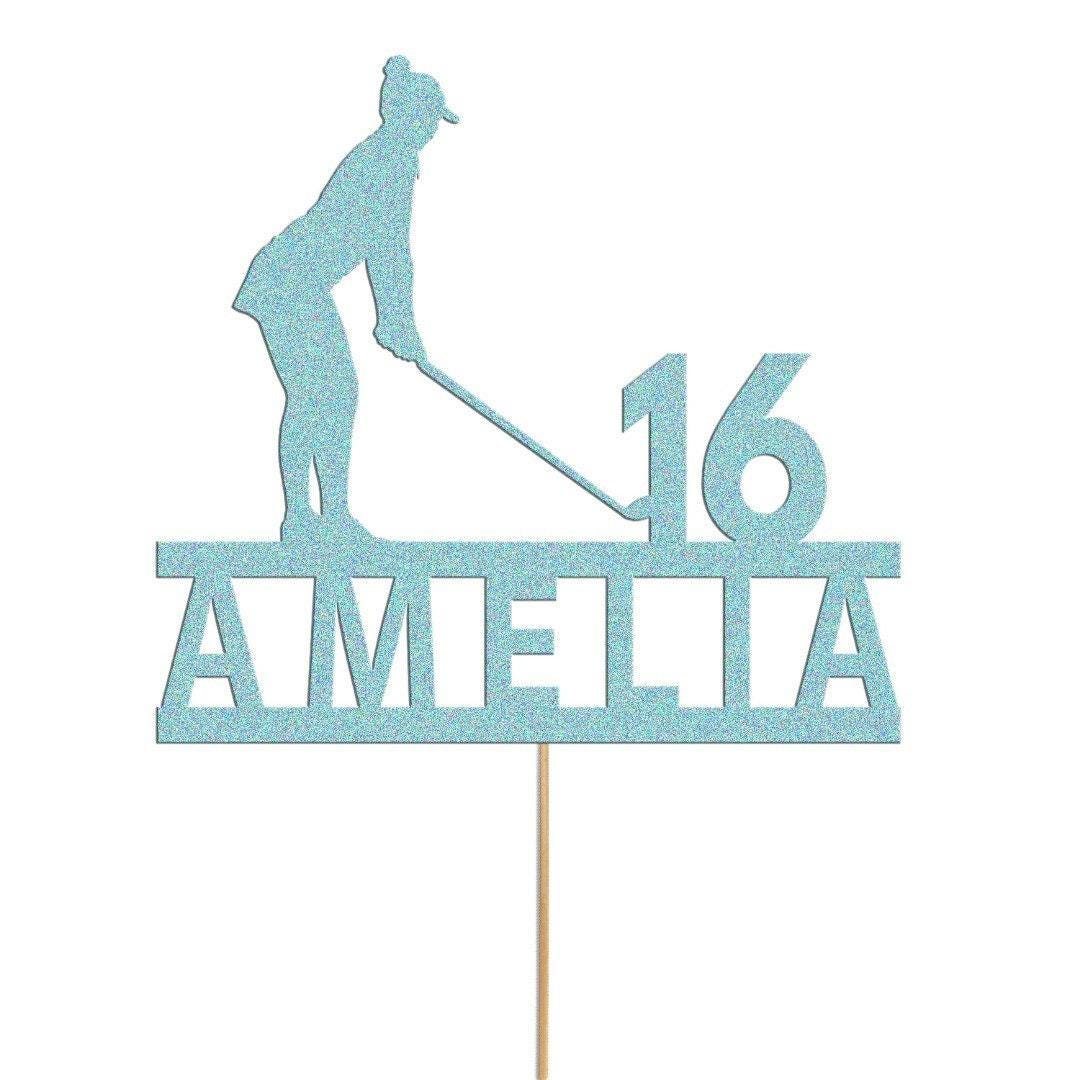 Personalised Glitter Woman Golfer Cake Topper: Any Name & Age