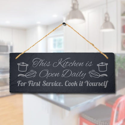 Kitchen Hanging Slate Sign Engraved Plaque Open Daily First Service Home Gift