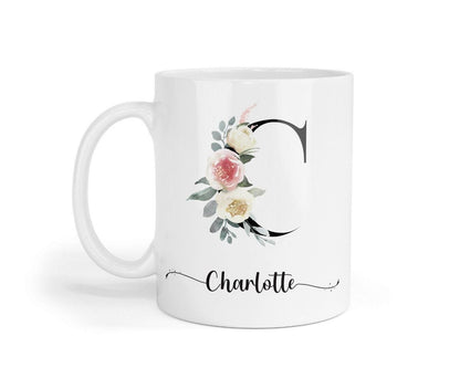 Personalised Floral Initial Mug: Watercolor Flower Monogram Gift