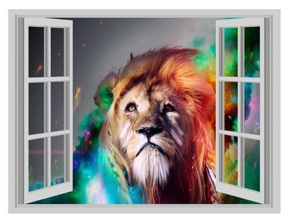 Lion 3d Window View Jungle King Wall Sticker Crack Effect Wall Poster Decal Bedroom Wall Mural