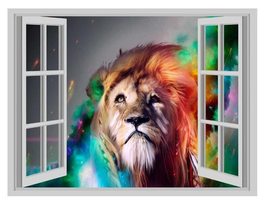 Lion 3d Window View Jungle King Wall Sticker Crack Effect Wall Poster Decal Bedroom Wall Mural