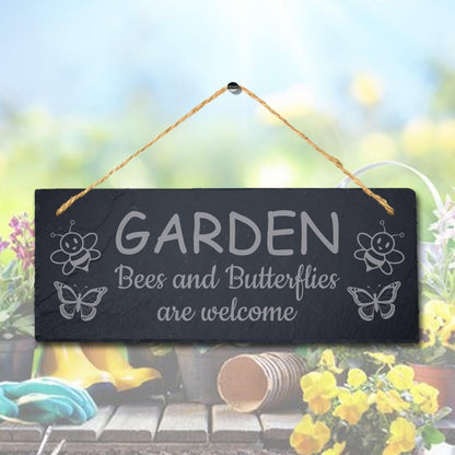 Garden Bees And Butterflies Welcome Engraved Hanging Slate Garden Plaque Sign
