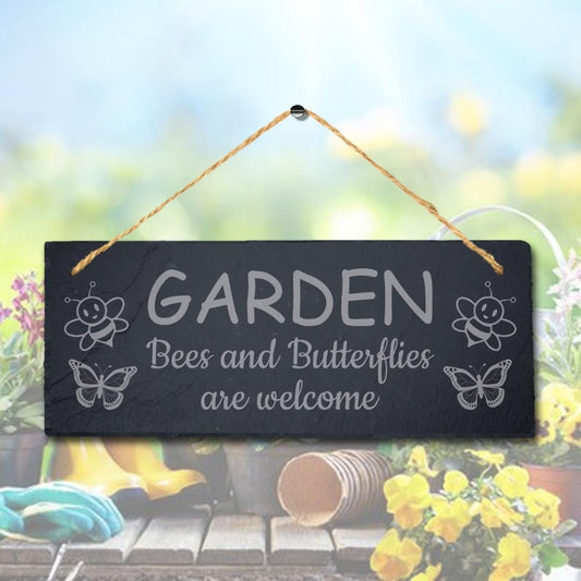 Garden Bees And Butterflies Welcome Engraved Hanging Slate Garden Plaque Sign
