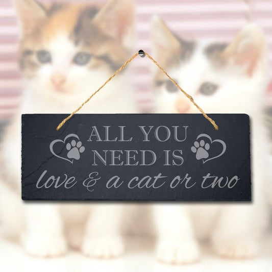 All You Need Is Love Laser Engraved Hanging Natural Slate Cat Kitten Plaque Sign