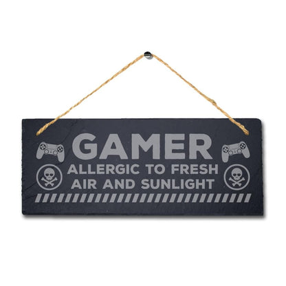 Gamer Allergic To Fresh Air Sunlight Engraved Hanging Slate Gamer Plaque Sign