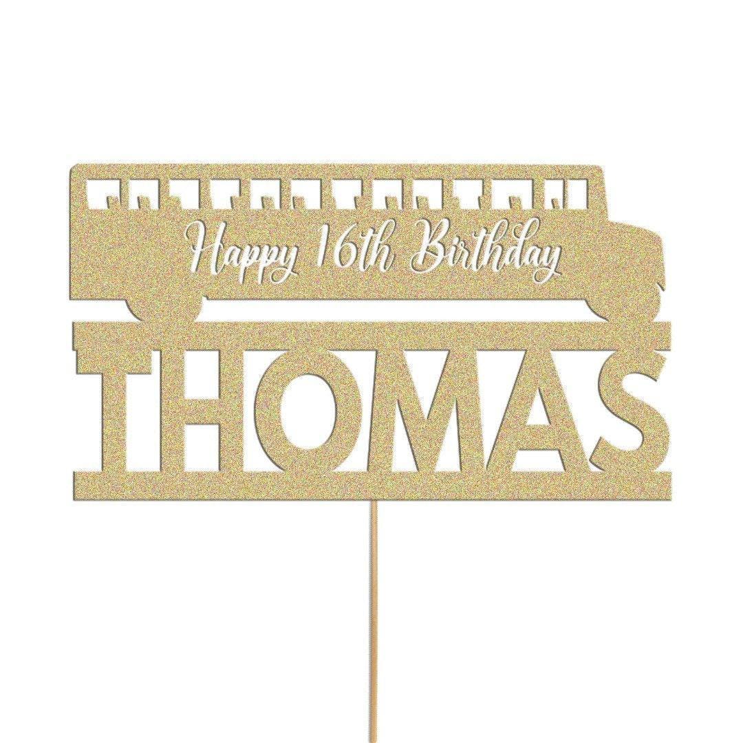 Personalised Glitter Bus Cake Topper: Custom Name & Age